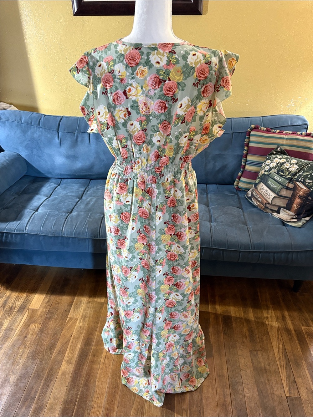 Mint Floral Ruffled Maxi Dress with Pink Roses - Picture 2 of 2